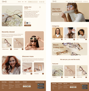 Homepage en Productpage Brillenwebshop, gemaakt met Figma